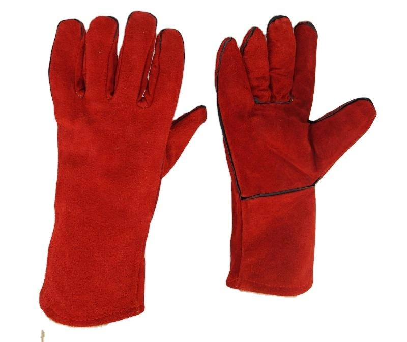 14" Red Leather Welding Gloves Cow Split Leather Gloves Heat Resistant Work Gloves