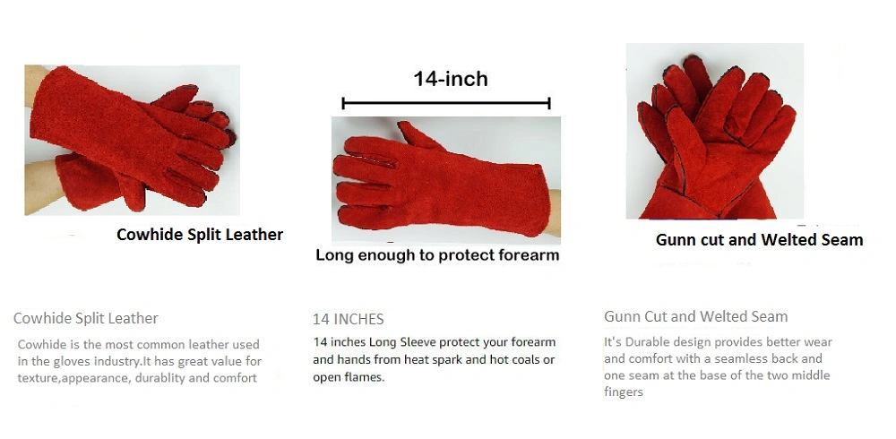 14" Red Leather Welding Gloves Cow Split Leather Gloves Heat Resistant Work Gloves